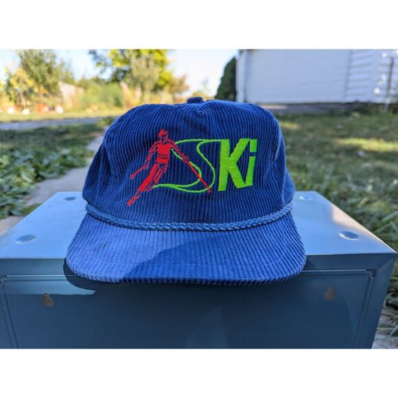 VTG Corduroy Ski Trucker Hat OS Retro Colorful Embroidered Bump Bonnetts Blue - Picture 2 of 11